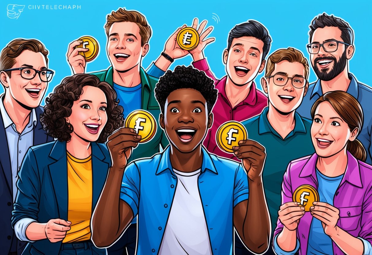 A group of people eagerly collecting free Floki tokens from a digital airdrop, with excitement and anticipation on their faces