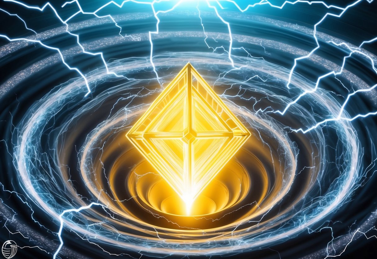 A glowing, geometric structure emerges from a swirling vortex, surrounded by crackling energy and pulsating light