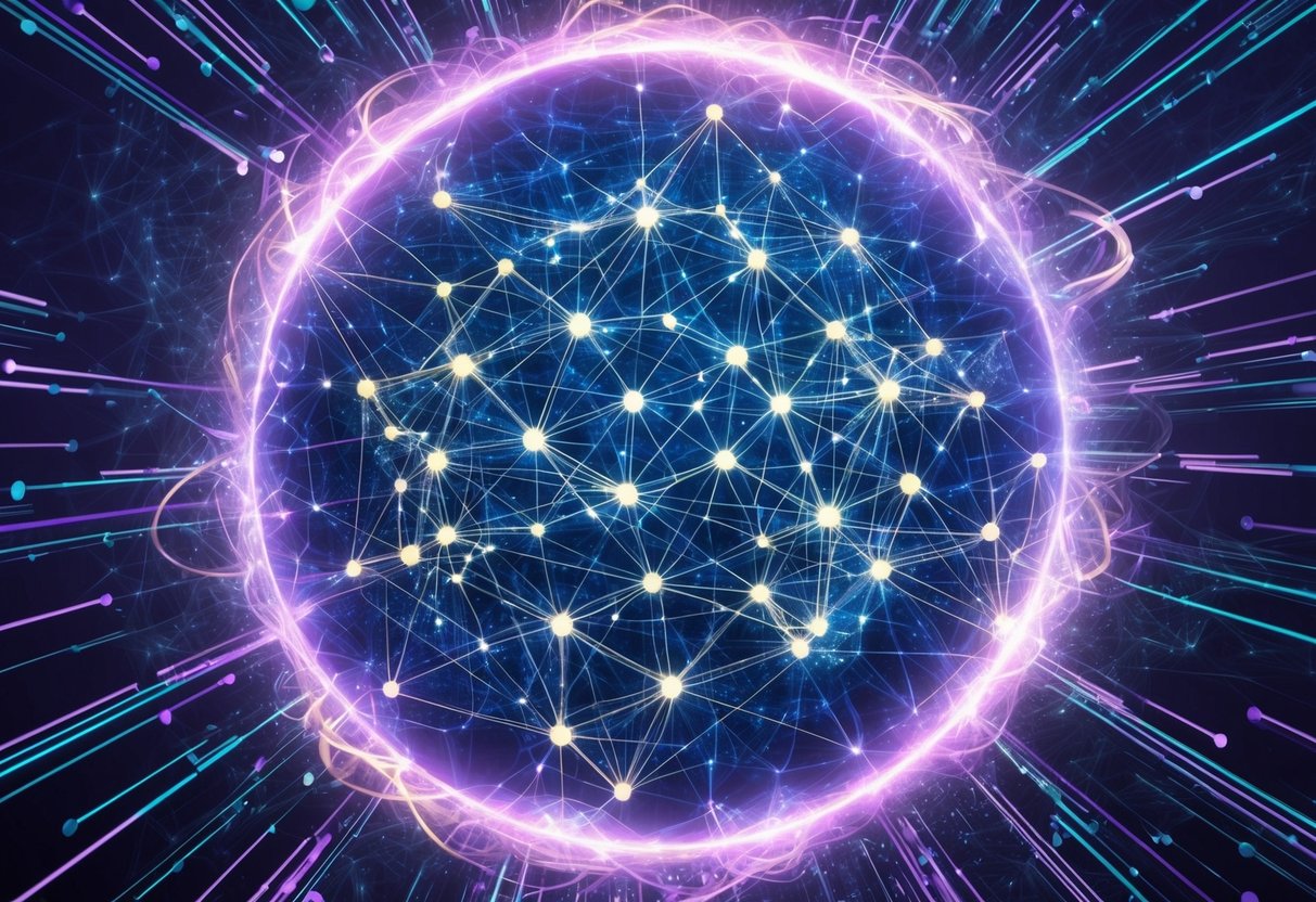 A glowing, intricate web of interconnected nodes and lines, pulsating with energy and data, surrounded by swirling patterns of light and color