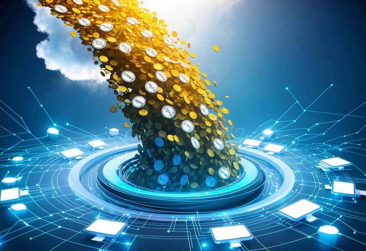 A swirling vortex of digital tokens cascading from a cloud, merging with a network of interconnected devices