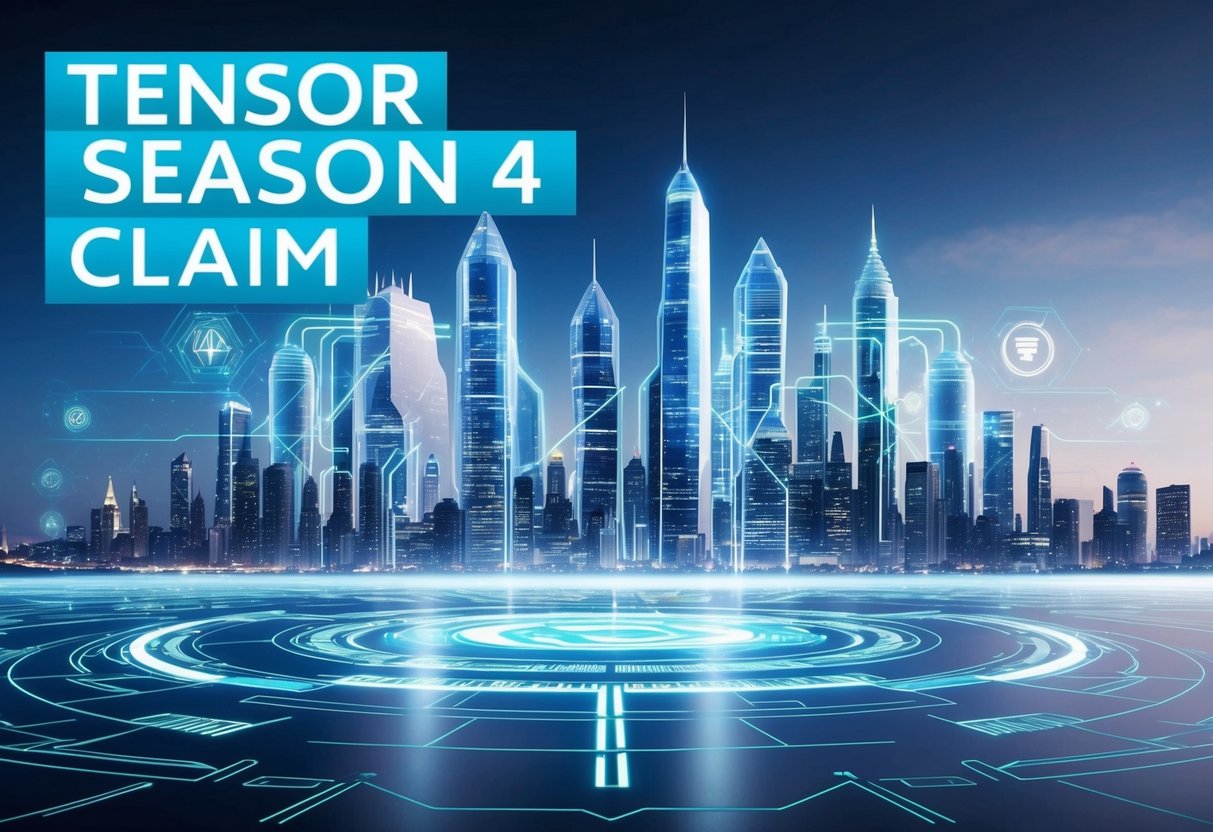 A futuristic city skyline with holographic projections and advanced technology, showcasing the theme of "Tensor Season 4 Claim."