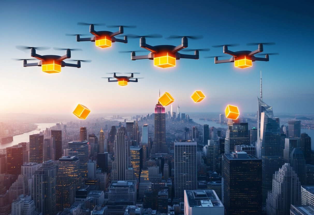 A futuristic cityscape with drones dropping small, glowing cubes from the sky