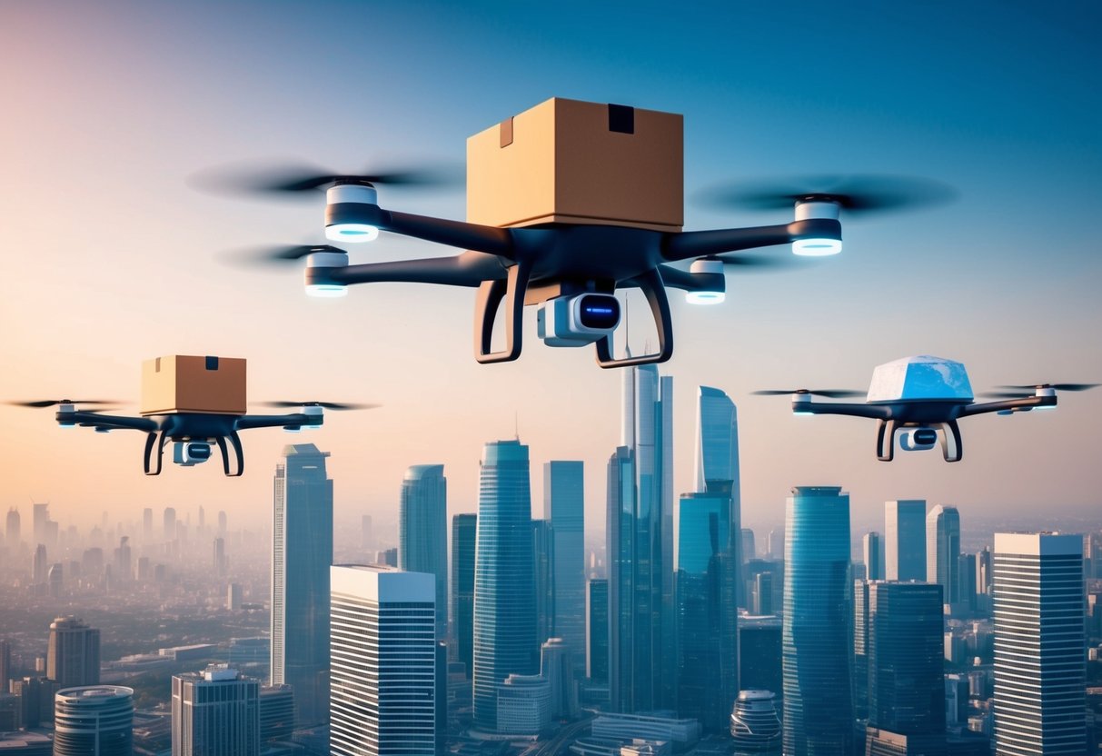 A futuristic city skyline with sleek, high-speed drones delivering packages to various buildings