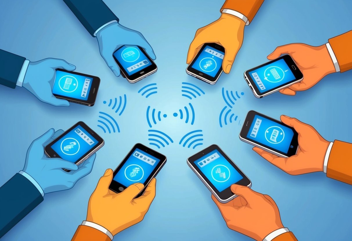 A group of electronic devices are wirelessly transferring data to each other in a synchronized manner