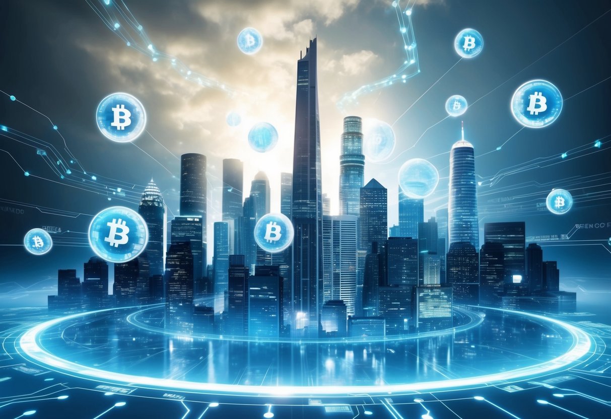 A futuristic city skyline with digital data streams floating in the air, surrounded by glowing orbs and a sense of connectivity and technology