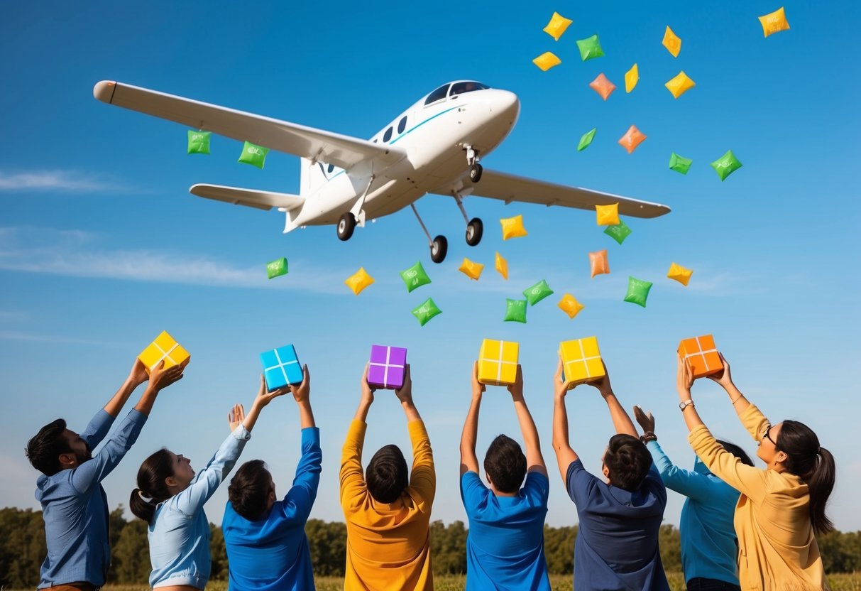 A group of people gather under a clear sky, reaching up to catch colorful packages falling from a hovering aircraft