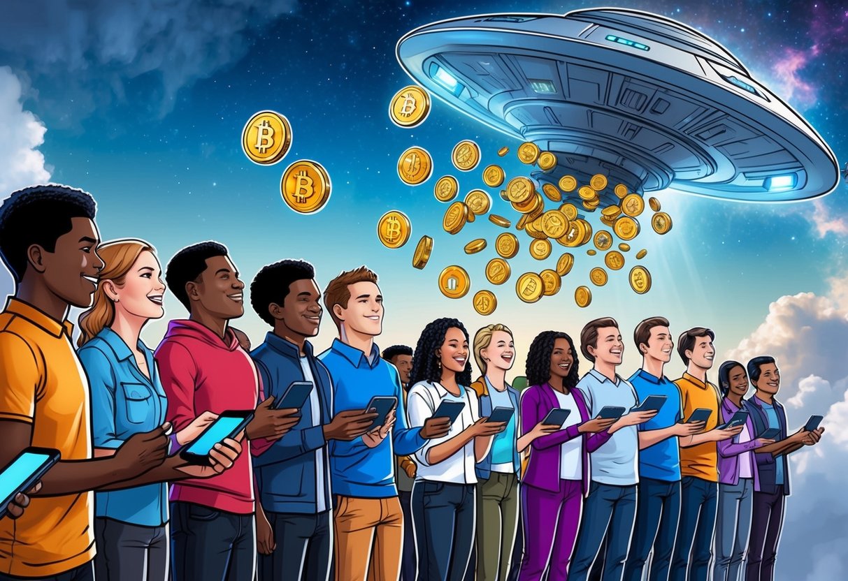 A group of diverse people eagerly line up, holding their devices and wallets, while a futuristic spaceship hovers above, releasing tokens into their outstretched hands