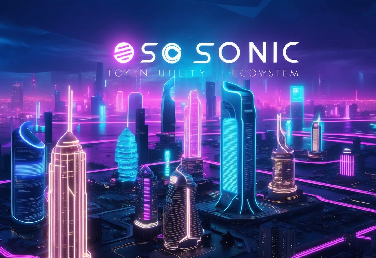 A vibrant, futuristic cityscape with neon lights and digital displays, showcasing the Sonic Token Utility and Ecosystem Sonic Airdrop