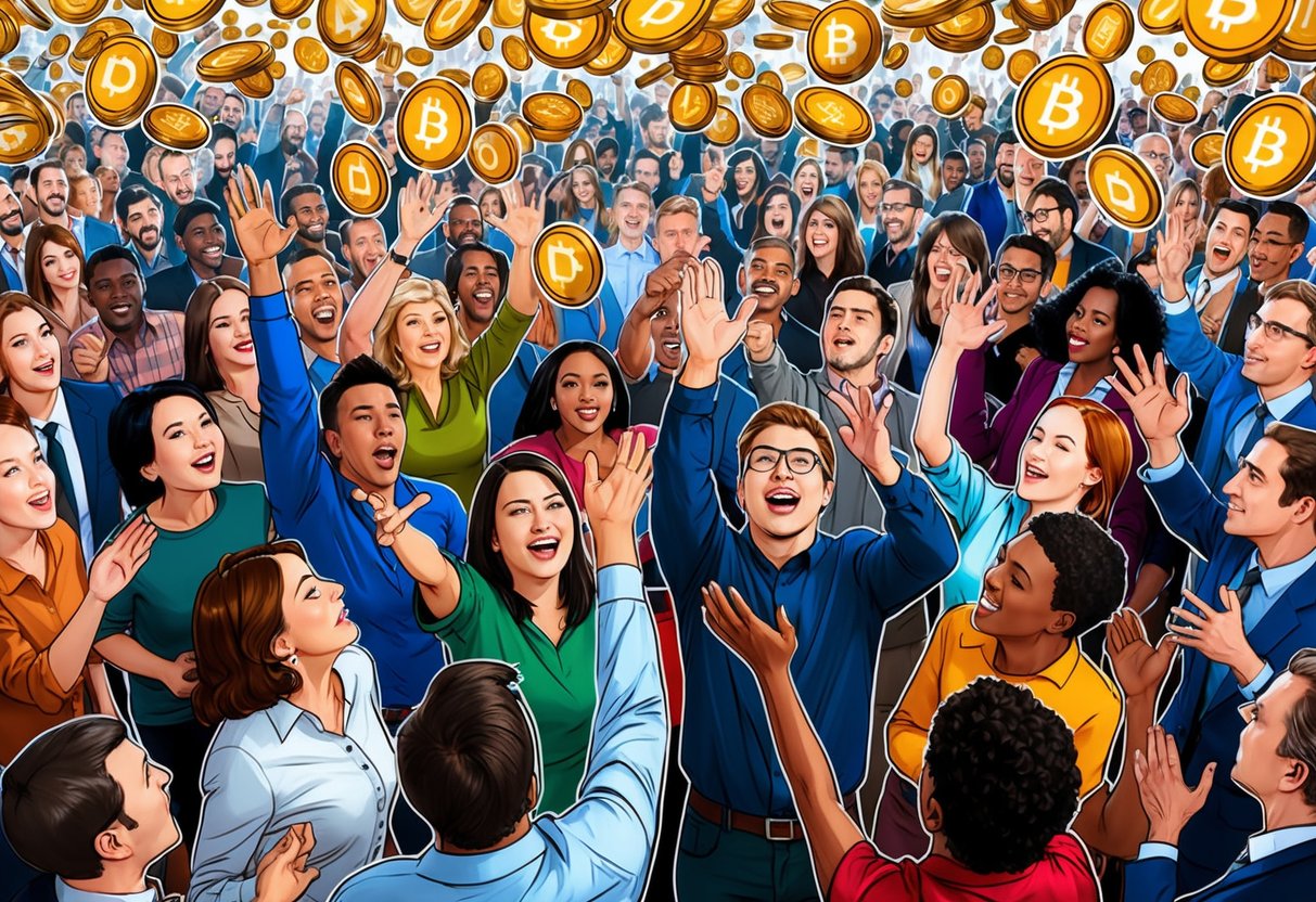 A crowd of diverse people eagerly reaching out for falling digital tokens
