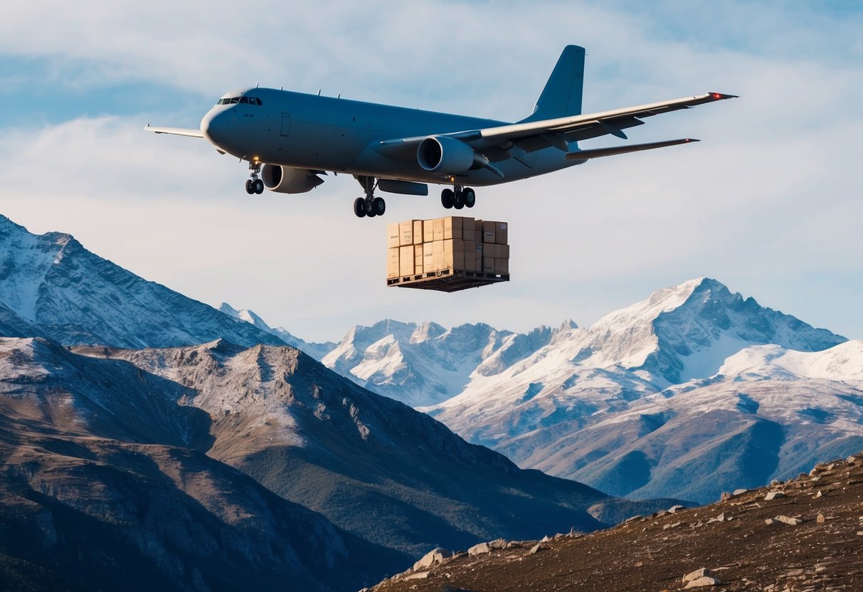 A cargo plane drops supplies over a rugged mountain landscape