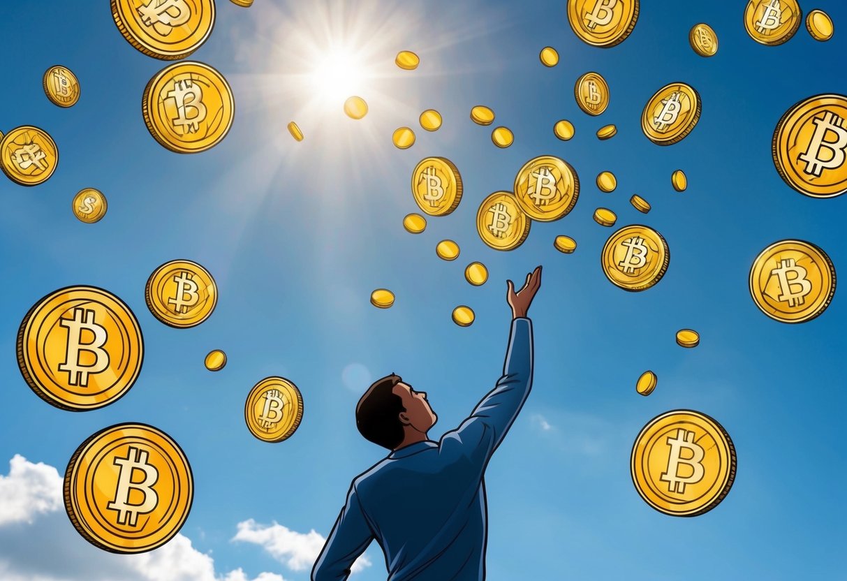 A figure reaching up to catch falling coins from the sky