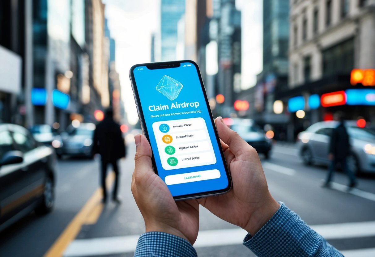 A person using a smartphone to claim an airdrop while standing in a busy city street