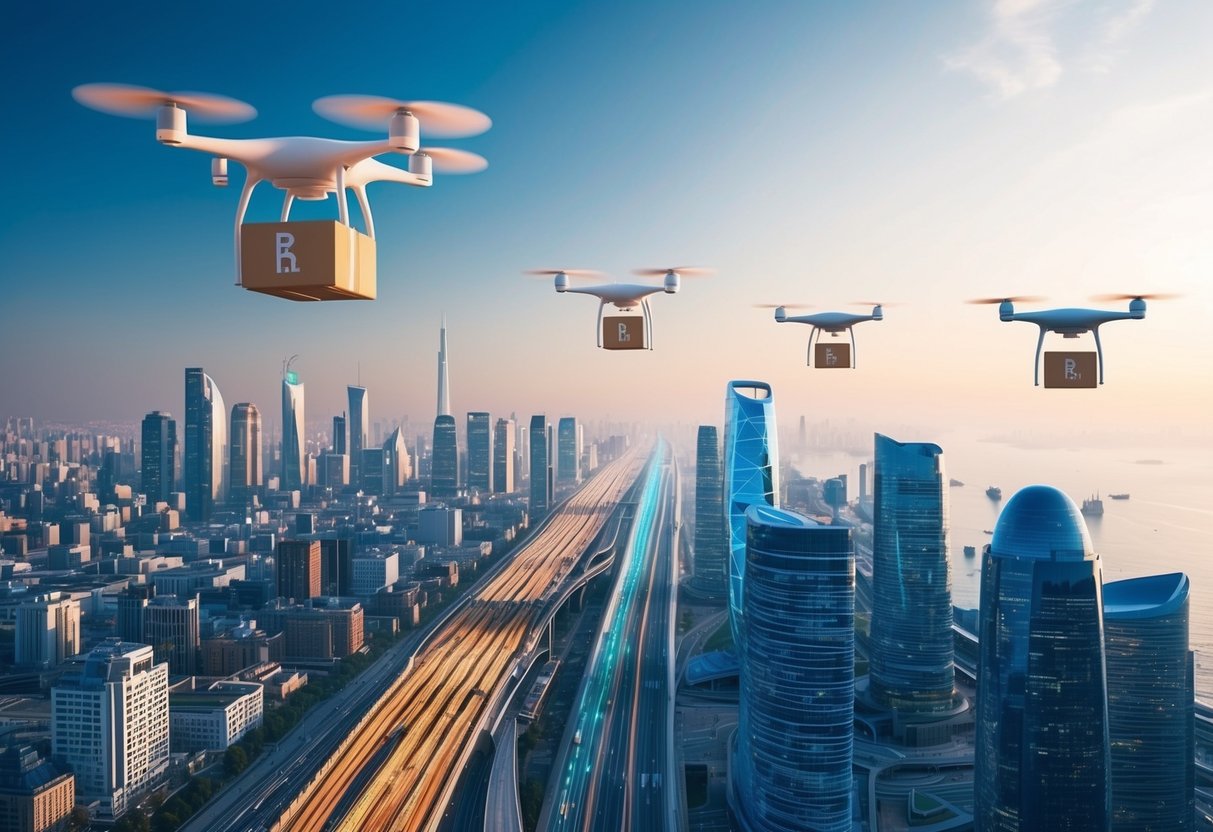 A futuristic cityscape with hovering drones dropping packages onto a bustling hyperlane