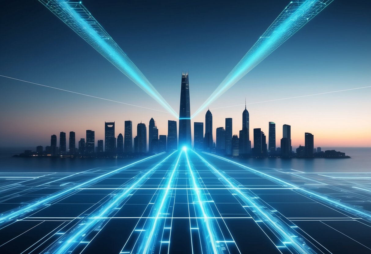 A futuristic city skyline with glowing, interconnected lanes in the sky, leading to a central point