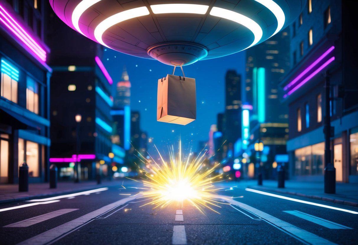 A spaceship drops a package onto a futuristic city street at night. Neon lights illuminate the scene as the package lands with a burst of energy