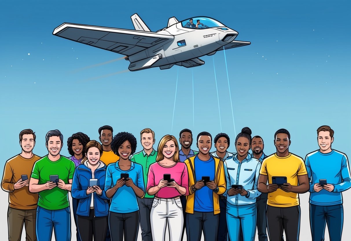 A group of diverse individuals eagerly line up, holding various electronic devices, while a futuristic spacecraft hovers above, ready to drop supplies