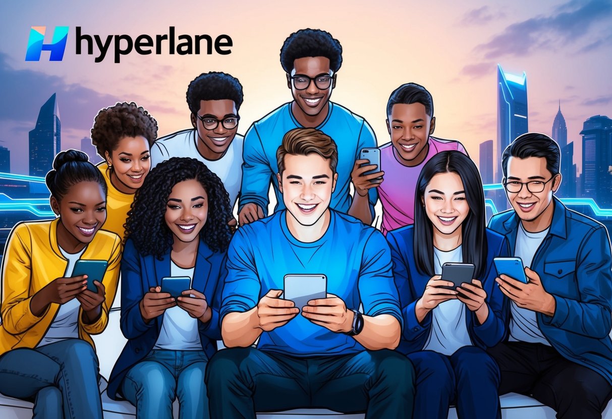 A group of diverse individuals eagerly engage with digital devices, surrounded by futuristic cityscape and a prominent Hyperlane logo