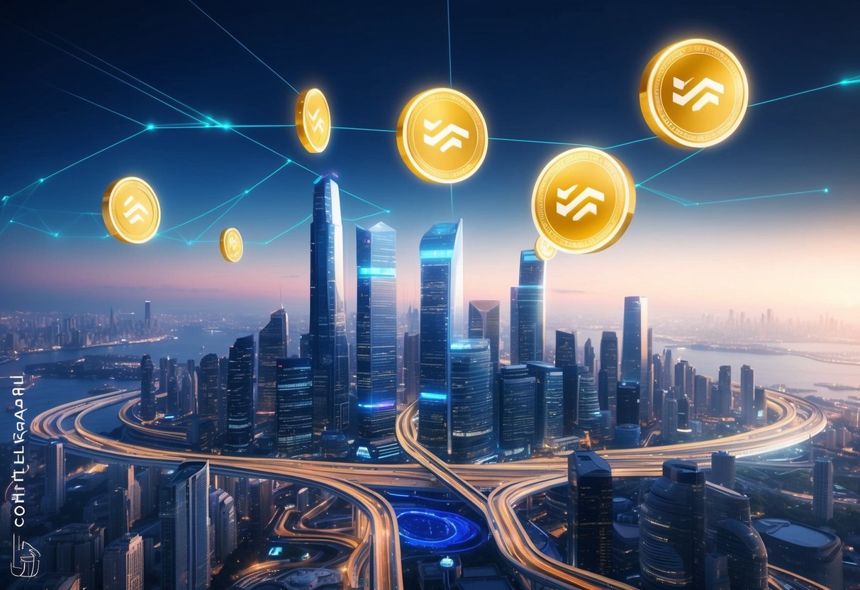 A futuristic city skyline with glowing hyperlane tokens floating in the air, surrounded by bustling trade activity