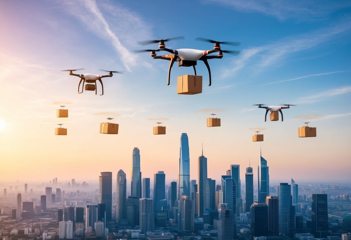 A futuristic city skyline with drones dropping packages from the sky