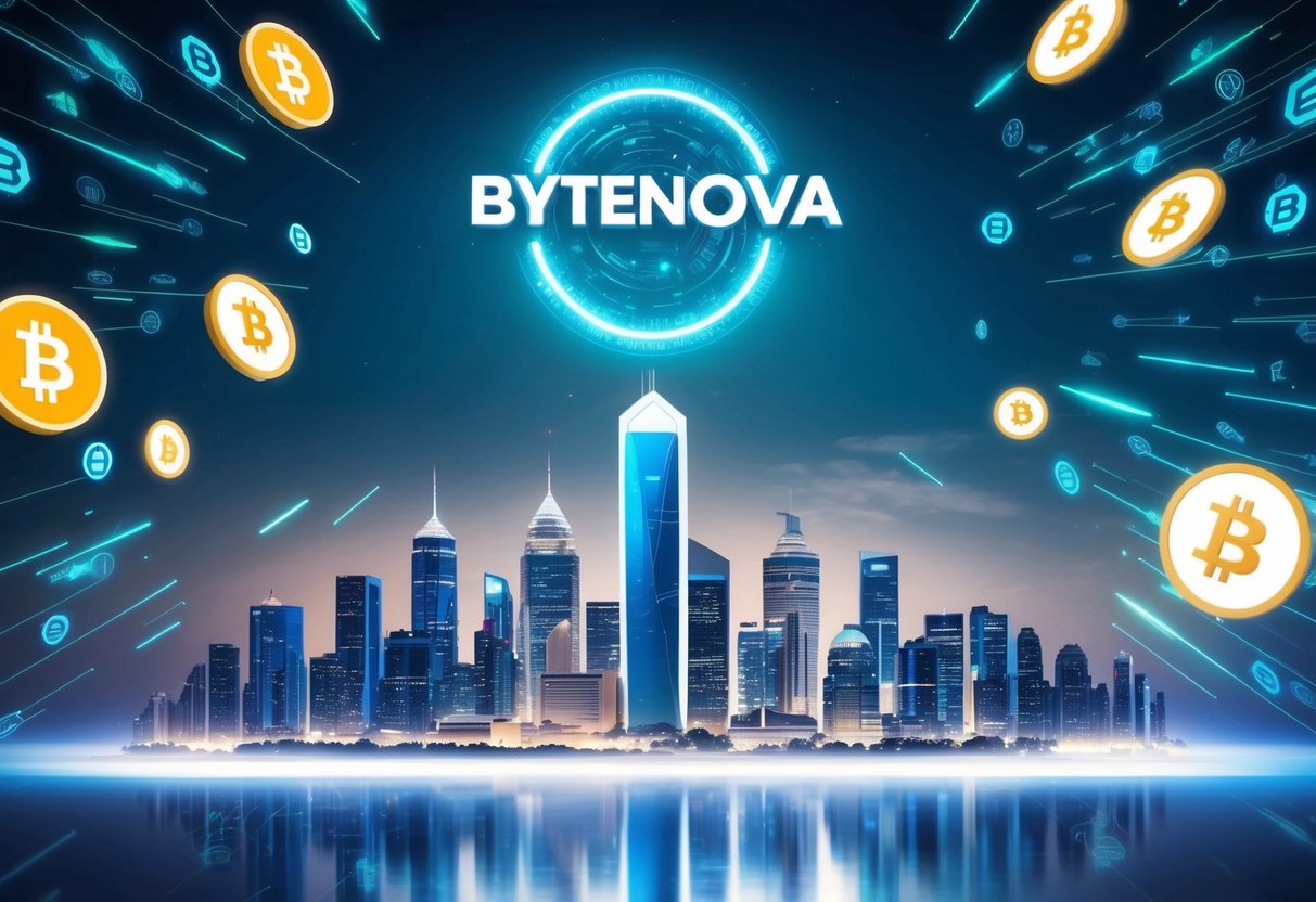 A futuristic city skyline with a glowing Bytenova logo hovering above, surrounded by a flurry of digital currency symbols