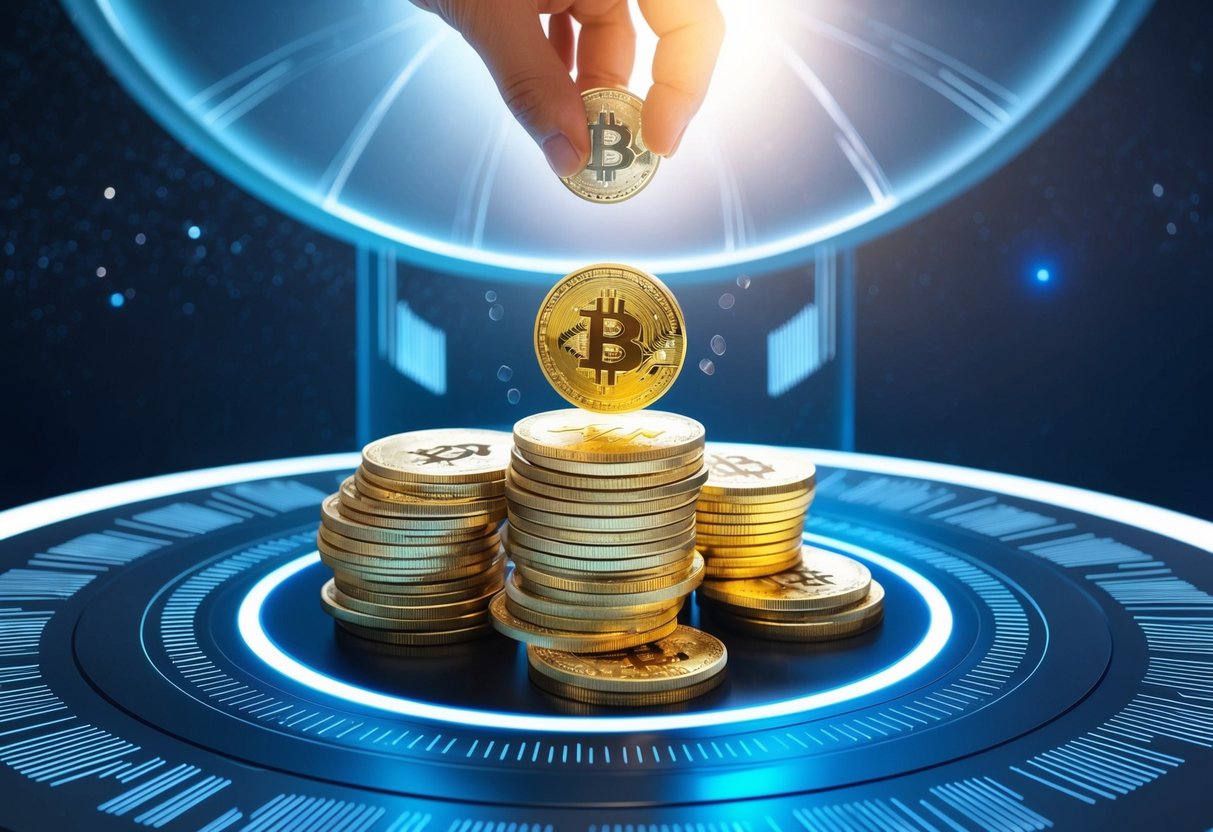 A stack of digital coins dropping from a futuristic platform