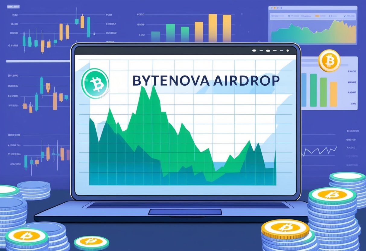 A digital screen displaying a graph with the fluctuating price of Bytenova Airdrop, surrounded by financial charts and data