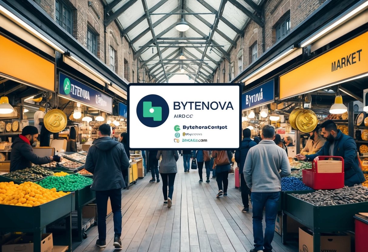 A bustling market with various vendors and customers, with a prominent display of the Bytenova logo and airdrop information