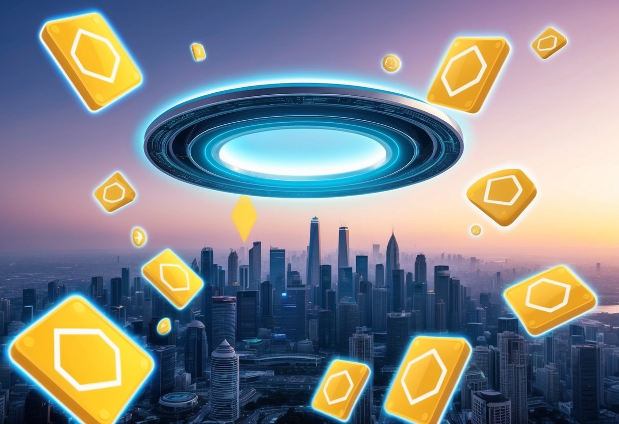 A futuristic city skyline with a glowing wormhole hovering above, surrounded by floating airdrop packages