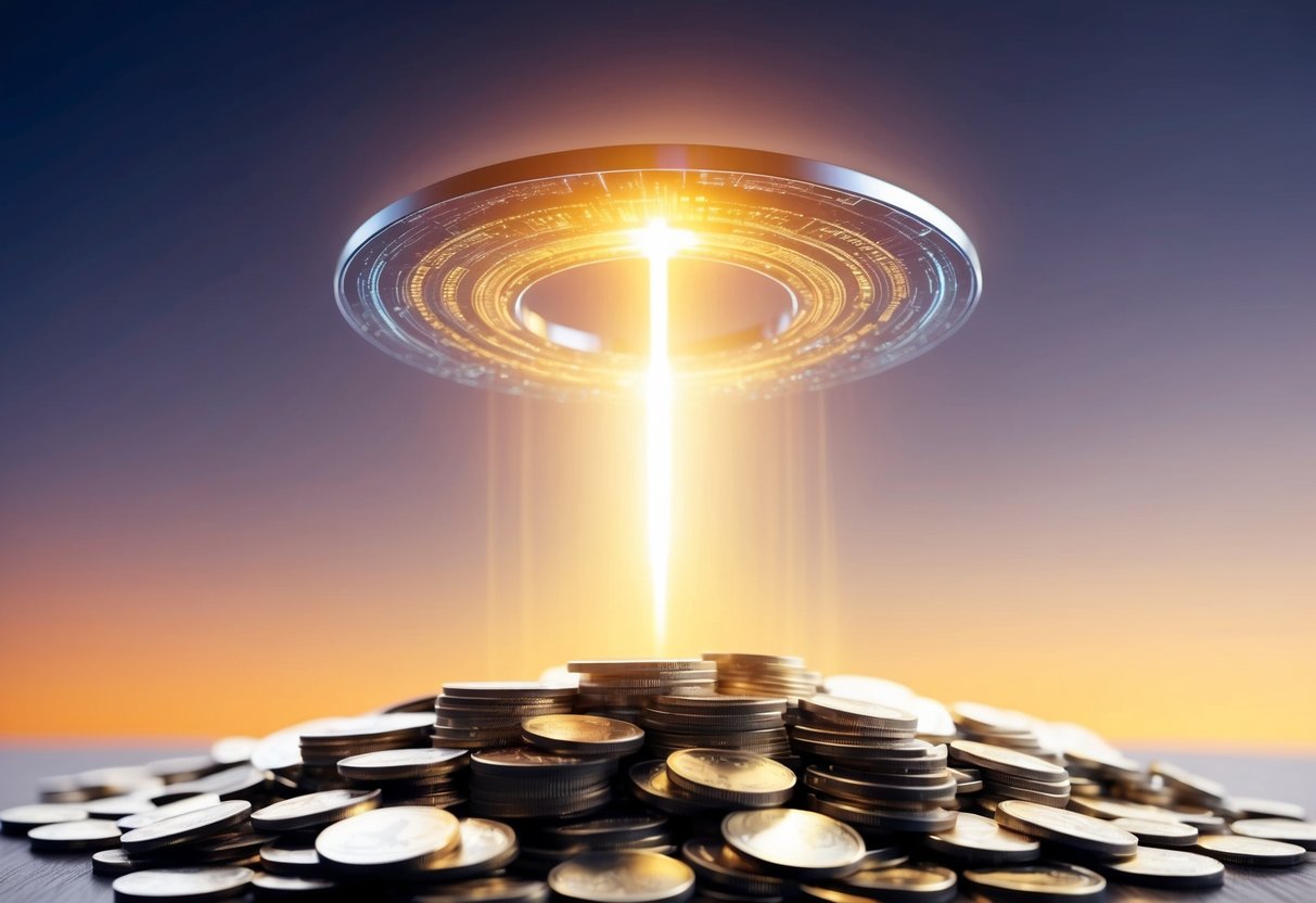 A glowing wormhole hovers above a pile of coins, emitting a bright light