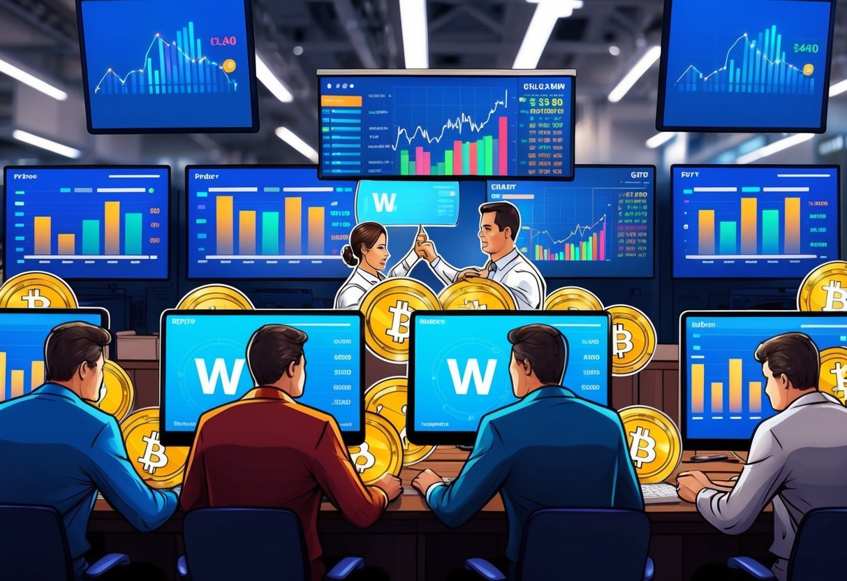 Traders exchanging W Token in a bustling market, with price charts and graphs displayed on screens