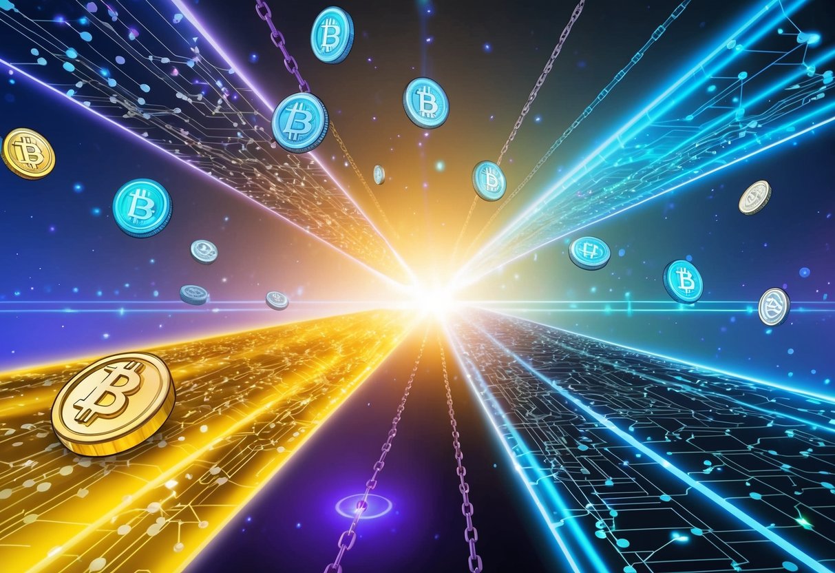 A glowing wormhole connects two chains, releasing a shower of tokens into a vibrant ecosystem