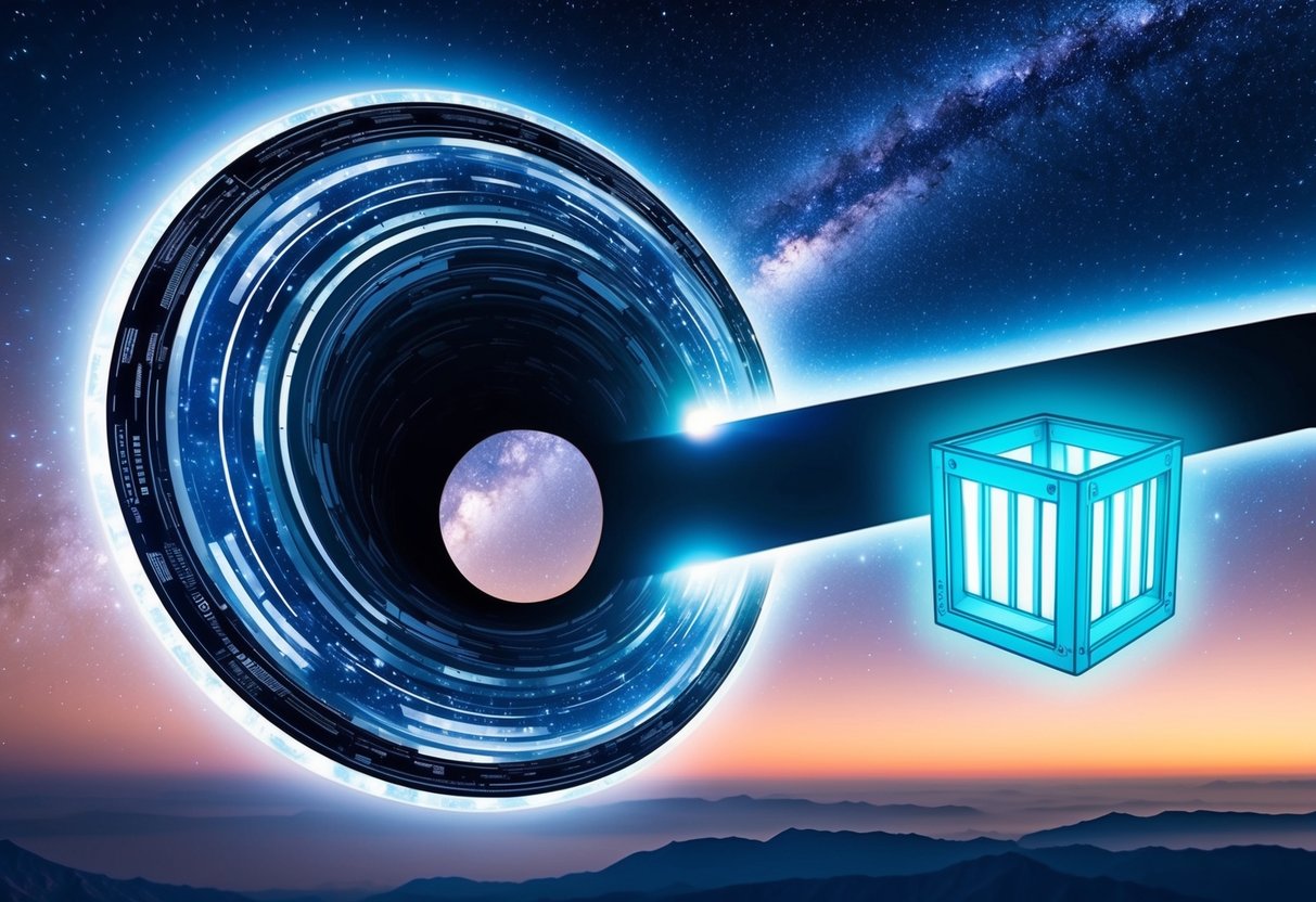 A swirling wormhole opens in a starry sky, releasing a glowing airdrop crate