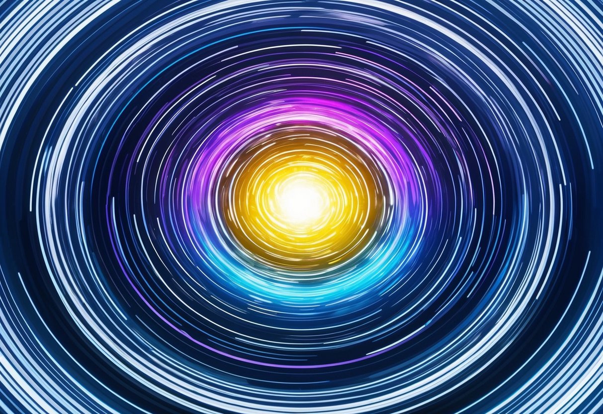 A swirling vortex of colors and light, emanating from a central point and expanding outward in all directions