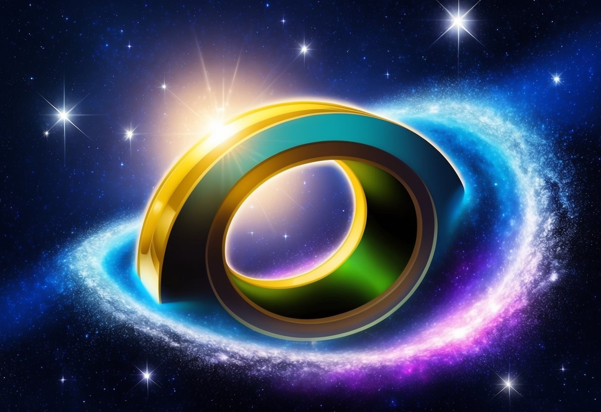 A colorful wormhole opens in space, surrounded by twinkling stars and cosmic dust, emitting a radiant glow