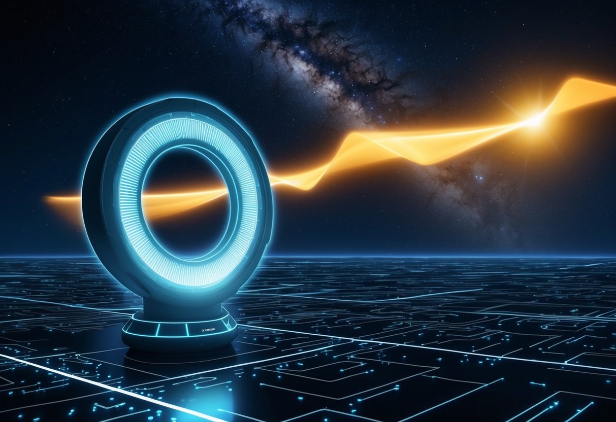 A futuristic device scans a glowing wormhole in a dark, starry sky
