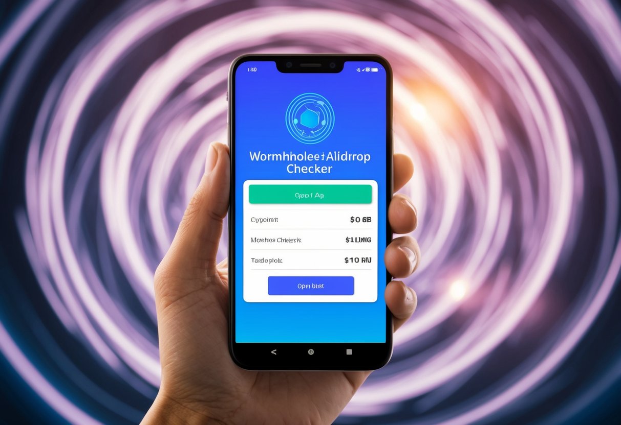 A hand holding a mobile device with a wormhole airdrop checker app open, with a swirling vortex in the background