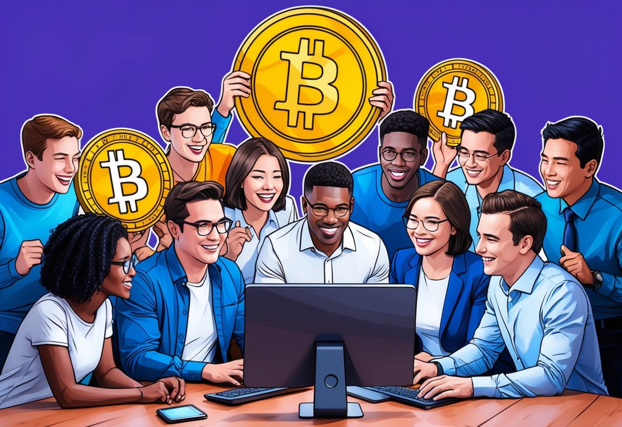 A group of people gathered around a computer, eagerly claiming their monad airdrops