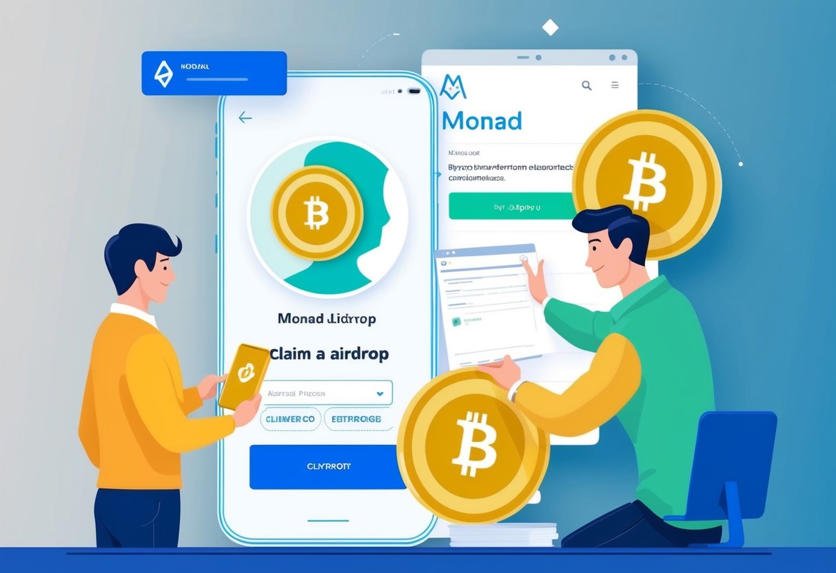 A user claiming an airdrop on the Monad platform with a developer integrating the process