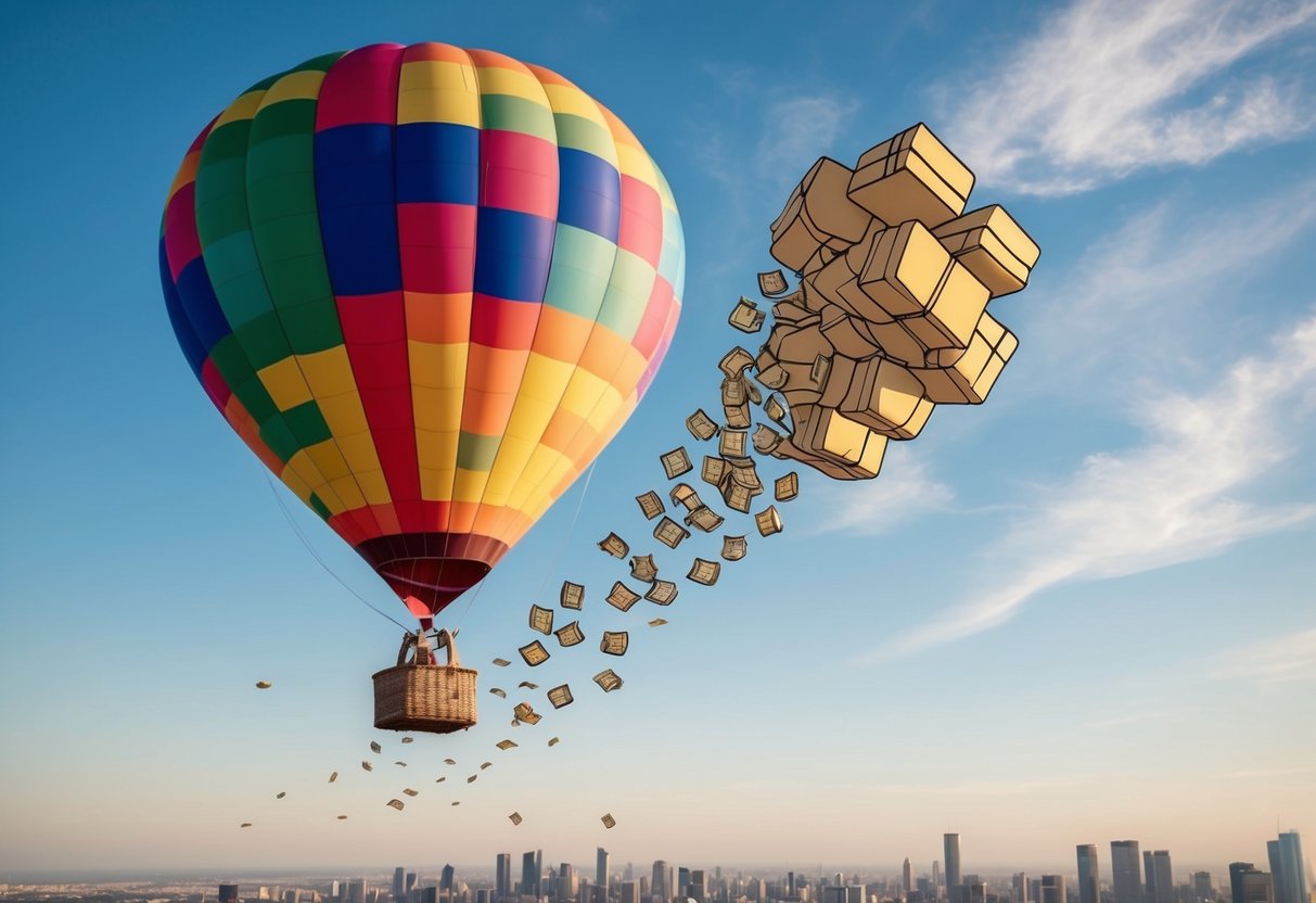 A colorful hot air balloon releasing a bundle of packages into the sky