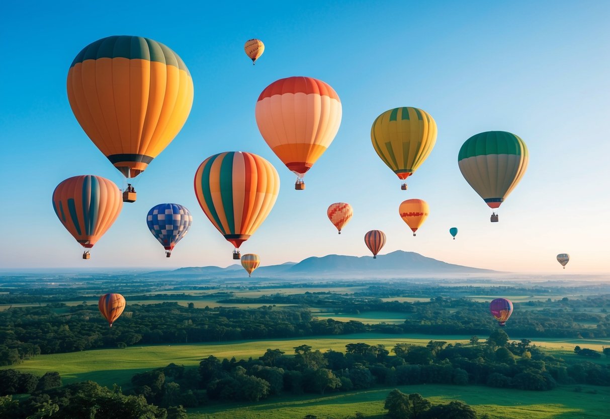 A group of colorful hot air balloons floating in a clear blue sky above a lush, green landscape