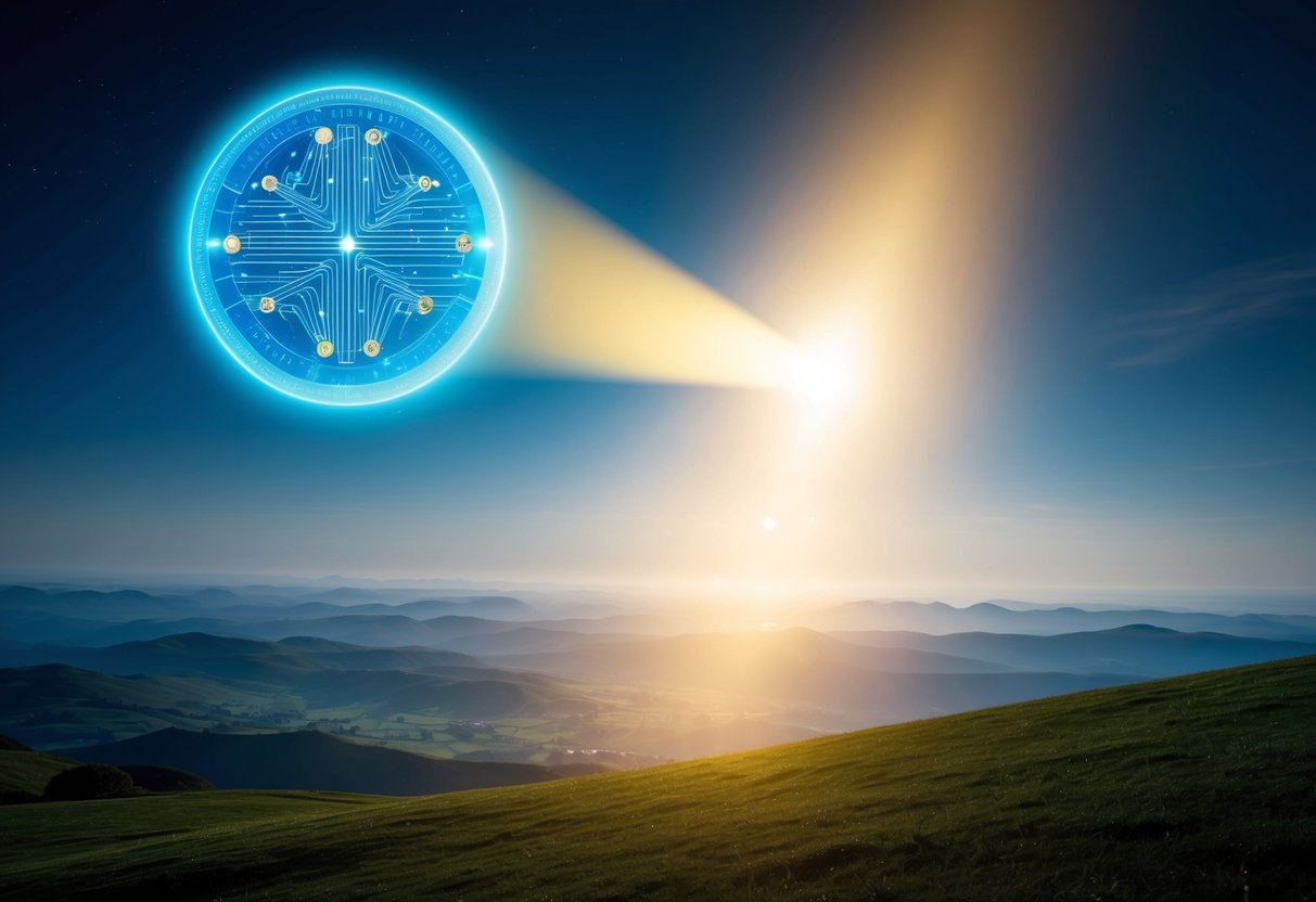 A glowing monad hovers over a landscape, emitting a beam of light towards the earth