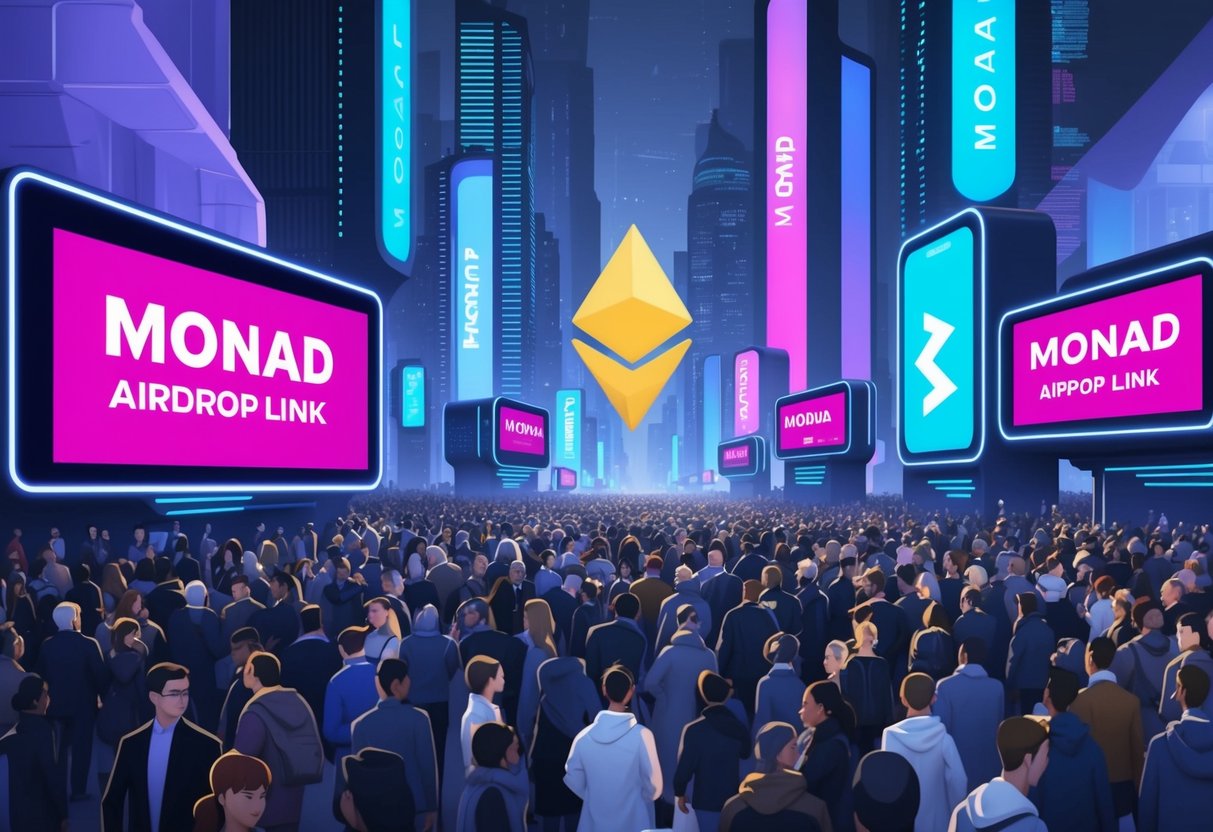 A futuristic cityscape with digital billboards displaying the words "Monad" and "Airdrop Link" amidst a bustling crowd