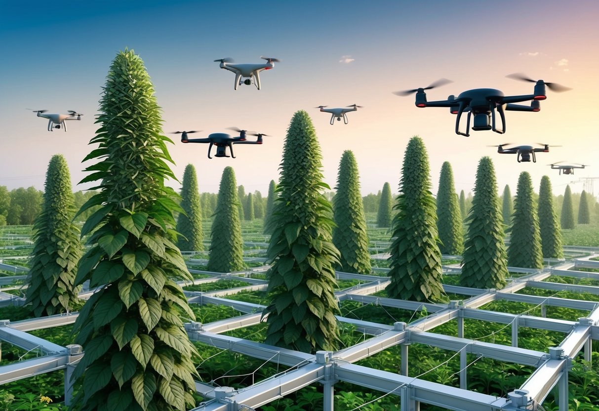 A lush field with towering monad plants surrounded by a network of airdrop farming structures, with drones buzzing overhead