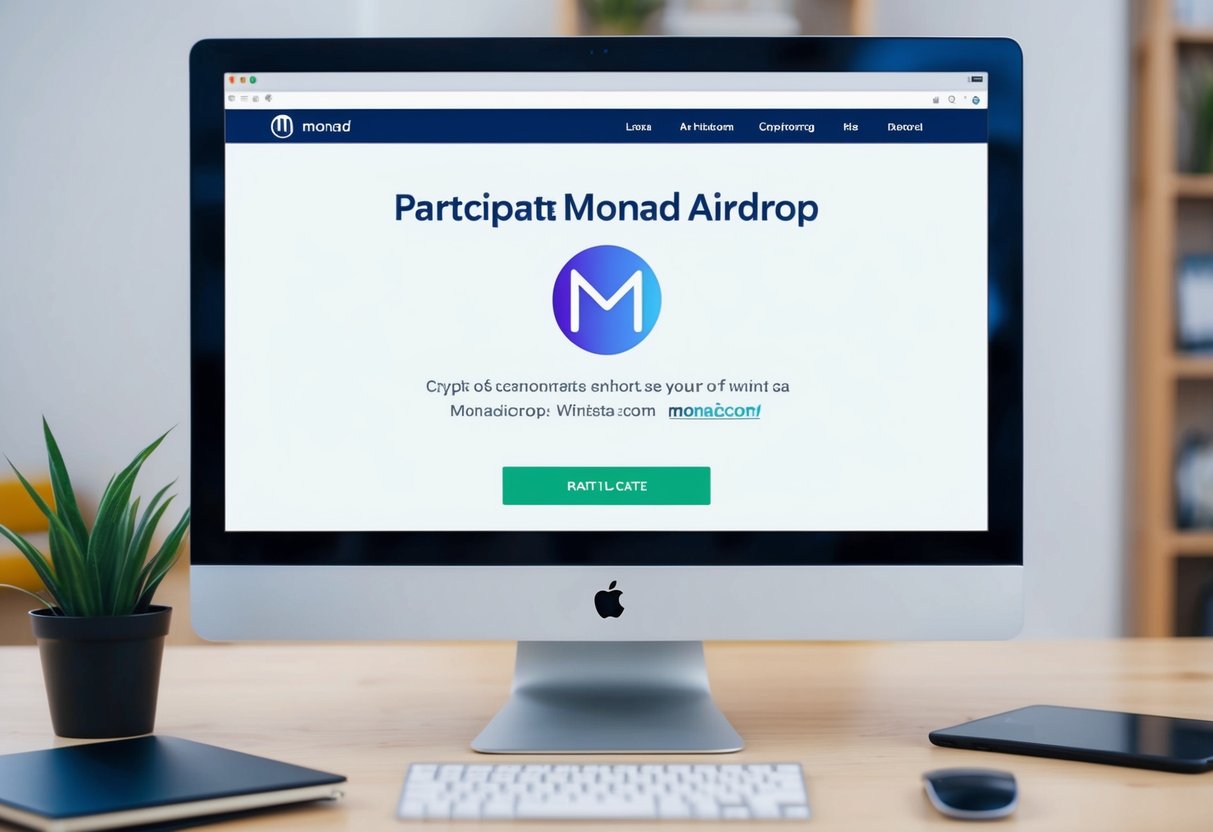A computer screen displaying the Monad Airdrop website with a link to participate