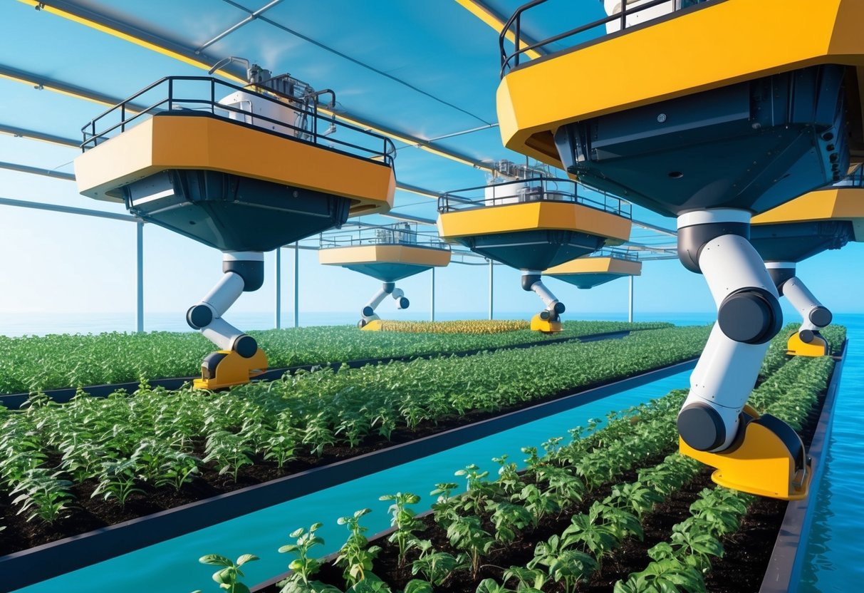 A futuristic farm with floating platforms and robotic arms tending to crops in a controlled environment