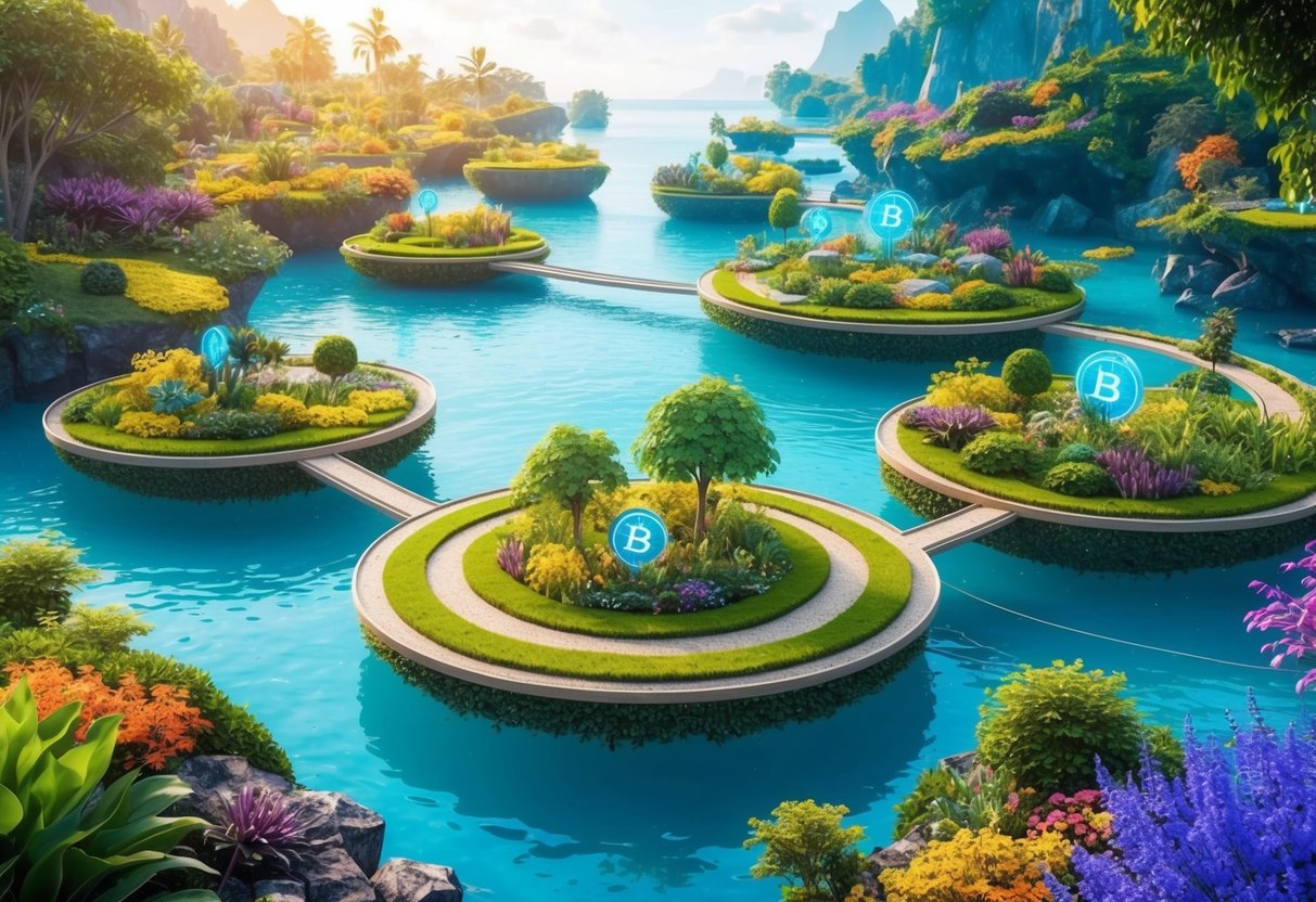 A vibrant garden with floating islands and interconnected pathways, surrounded by diverse ecosystems and colorful flora