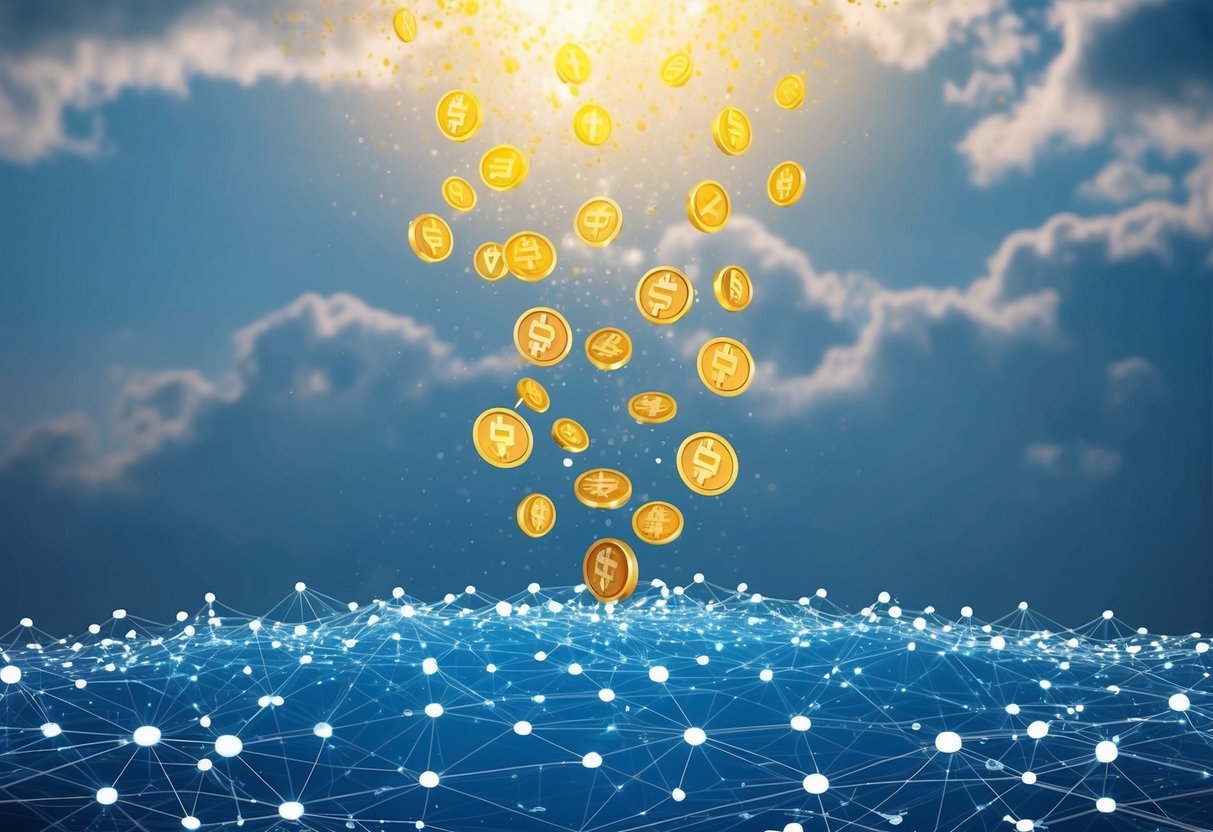 A group of digital tokens raining down from the sky onto a network of interconnected nodes