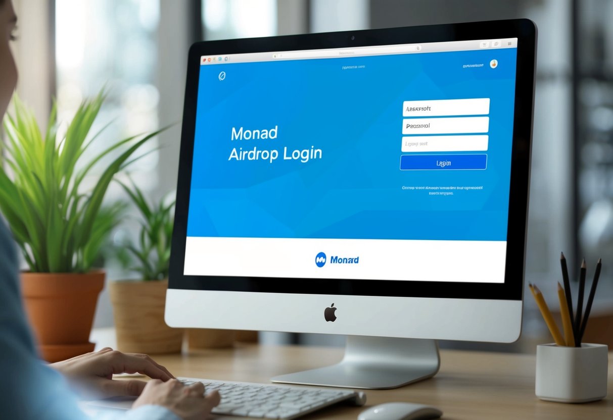 A computer screen displaying the Monad Airdrop login page with a username and password input fields