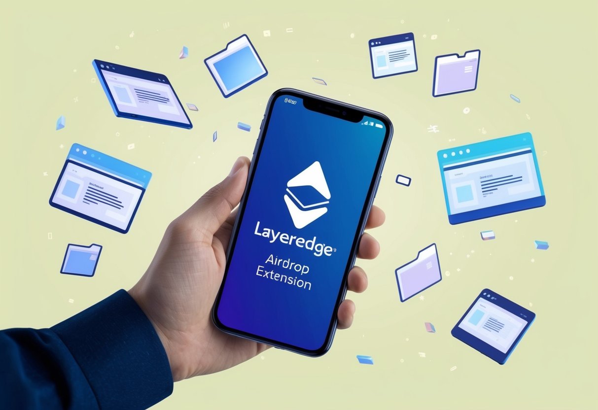 A hand holding a smartphone with the Layeredge Airdrop Extension open, surrounded by various digital files floating in the air