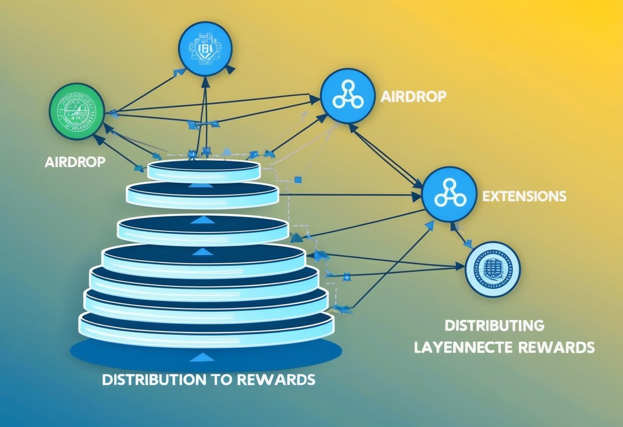 A group of interconnected nodes distributing rewards in a layered structure, with airdrop extensions reaching out to various points